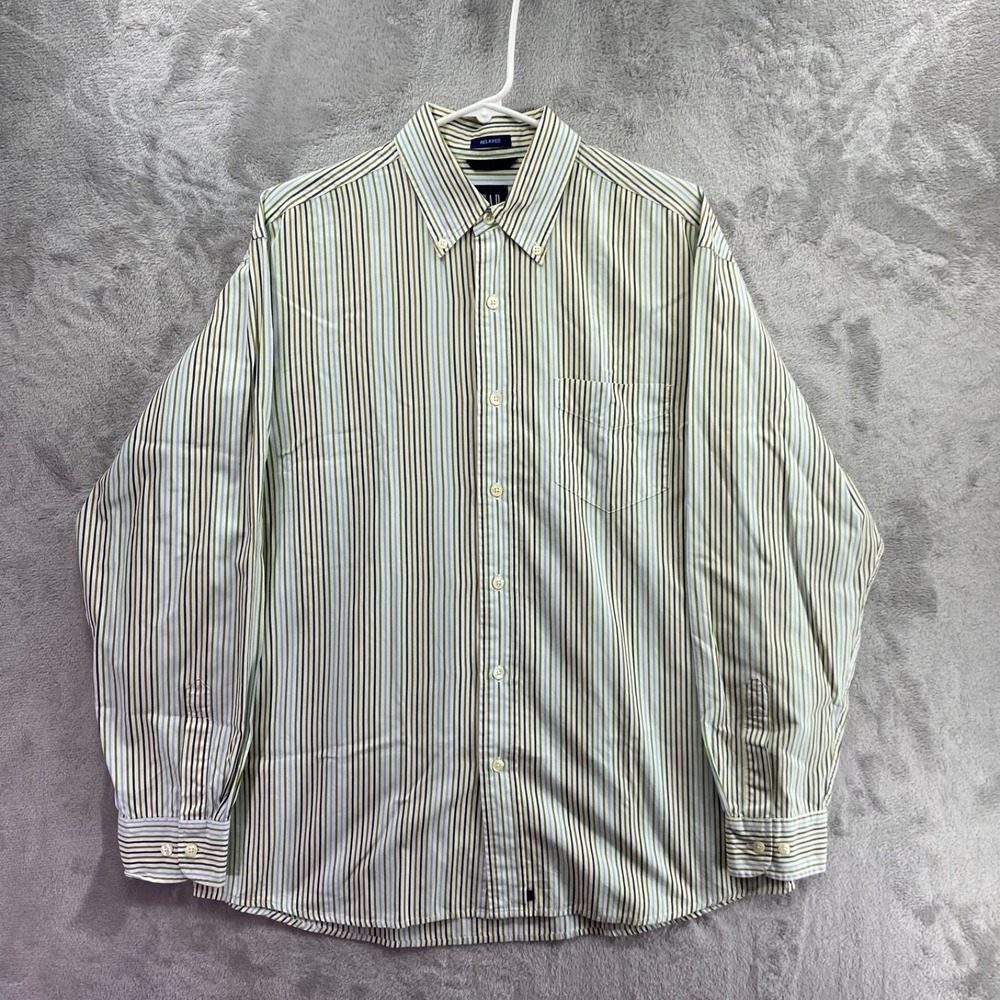 Gap Mens Relaxed Fit Button Down Shirt Size M Green Blue Striped Cotton Casual